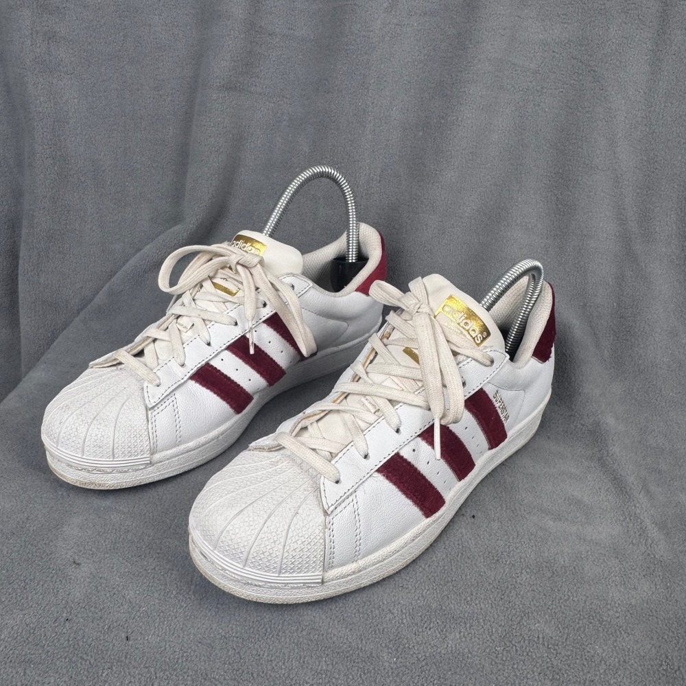 Adidas Superstar White Burgundy Velvet Stripes Leather Sneakers AC7158 Women 7.5
